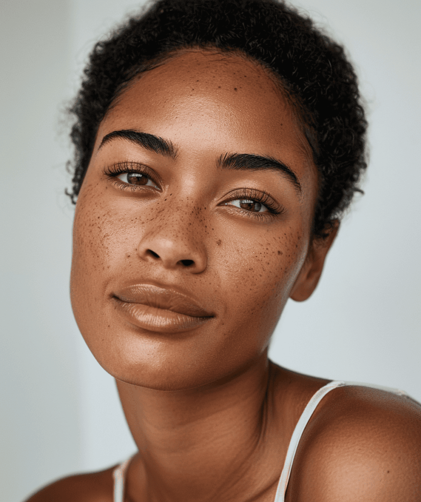 A woman with short curly hair, clear skin, and freckles looks at the camera with a neutral expression, her lashes perfectly curled from a recent Lash Lift, wearing a light-colored tank top.