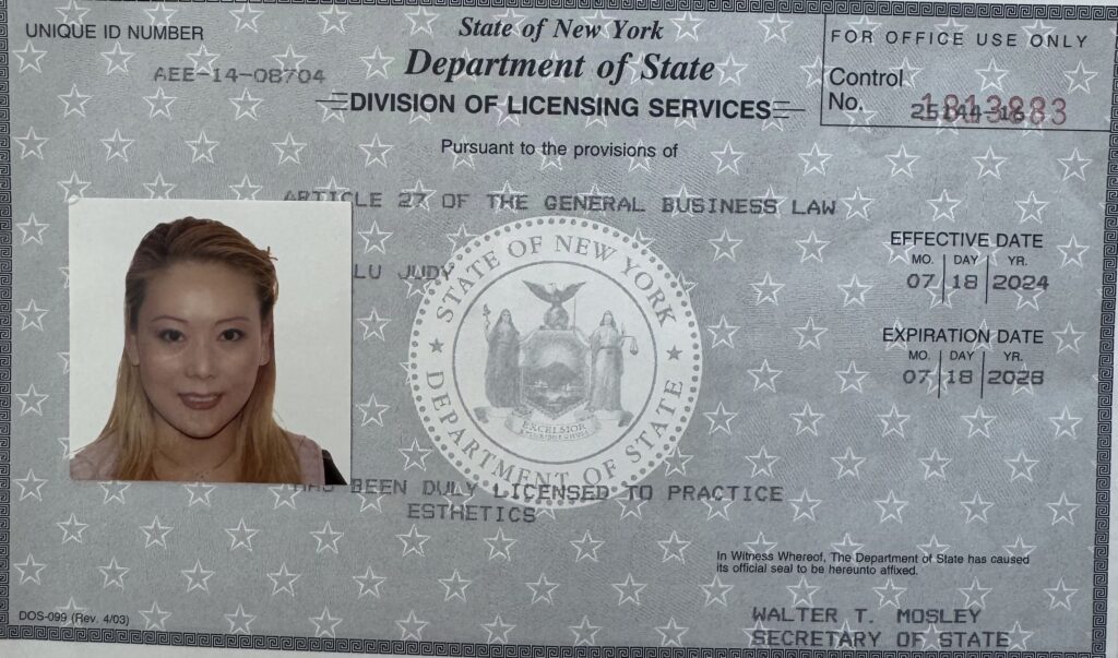 New York State esthetics license with official seal, individual's photo, license number, issue and expiration dates, Department of State Division of Licensing Services details—essential for practicing beauty care and after care tips professionally.