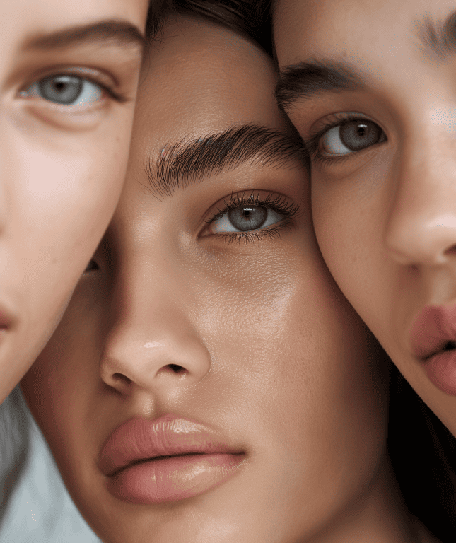 Close-up of three people with clear skin and neutral expressions, positioned closely together, focusing on their eyes, noses, and lips to highlight the effects of a Lash Lift.