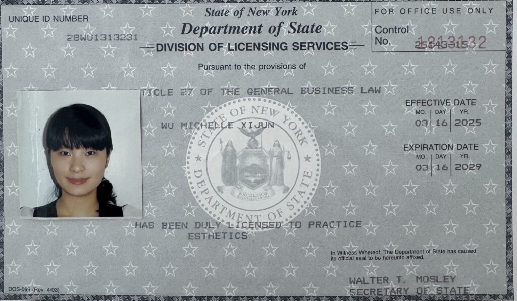 New York State esthetics license card featuring the licensee’s photo, name, license number, issuance and expiration dates, official state emblems, plus essential Beauty Care and After care Tips for maintaining professional standards.