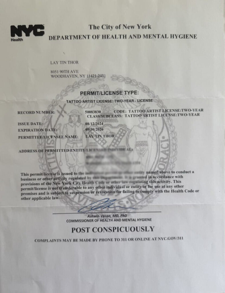 A New York City Department of Health and Mental Hygiene tattoo artist license issued to Lay Tin Thor, showing permit details, dates, official signatures, and highlighting Beauty Care and After care Tips for clients.