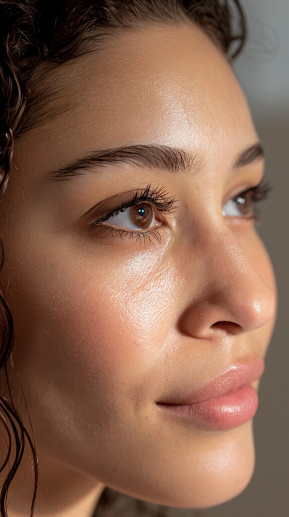 Close-up of a young woman’s face, showing clear skin, brown eyes, and defined brows enhanced by microblading, with natural makeup and soft lighting highlighting her features.