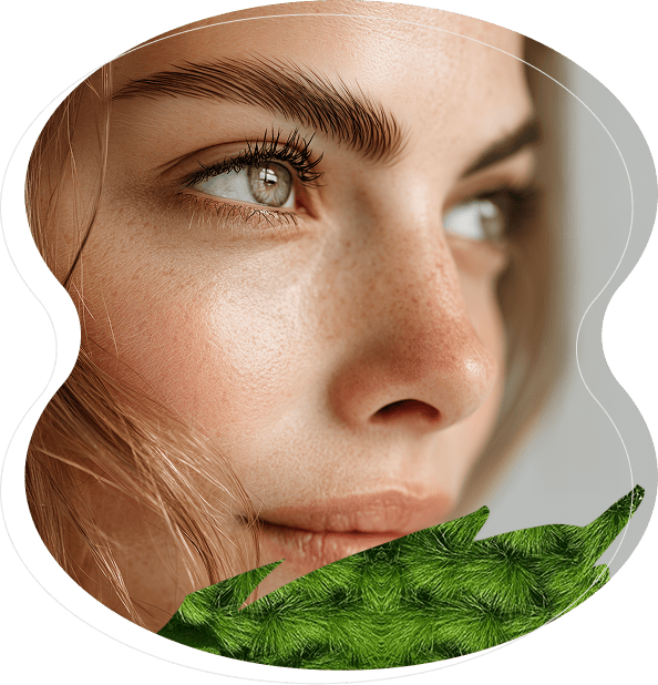 Close-up of a woman's face with light skin, visible freckles, and brown eyes, partially framed by a green pine branch—her brows enhanced with microblading for a natural look.