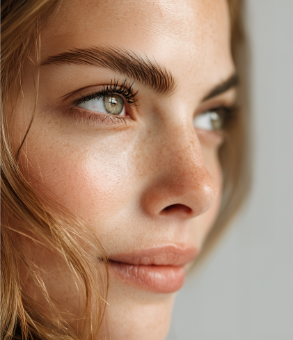 Close-up of a woman's face with light skin and green eyes, showcasing natural makeup and wavy light brown hair. She looks slightly to the side, reflecting the elegance of Luxury Beauty Treatments at Evertrue Salon.