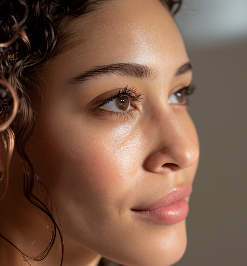 Close-up of a woman with curly hair and dewy skin, looking slightly upward and to the right with a neutral expression—capturing the radiant results of Luxury Beauty Treatments at Evertrue Salon.