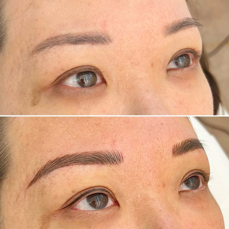 Close-up of a person's eyes showing eyebrows before (top, sparse) and after (bottom, fuller and well-defined) an eyebrow microblading procedure.