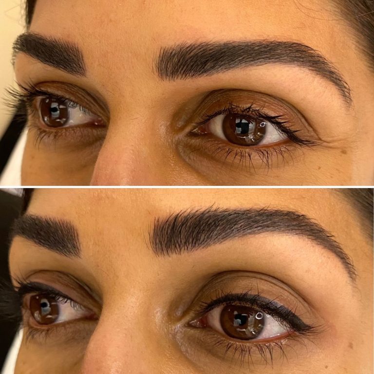 Close-up of a person's eyes showing eyebrows before (bottom) and after (top) a shaping or grooming treatment; eyebrows appear darker and more defined in the top image.