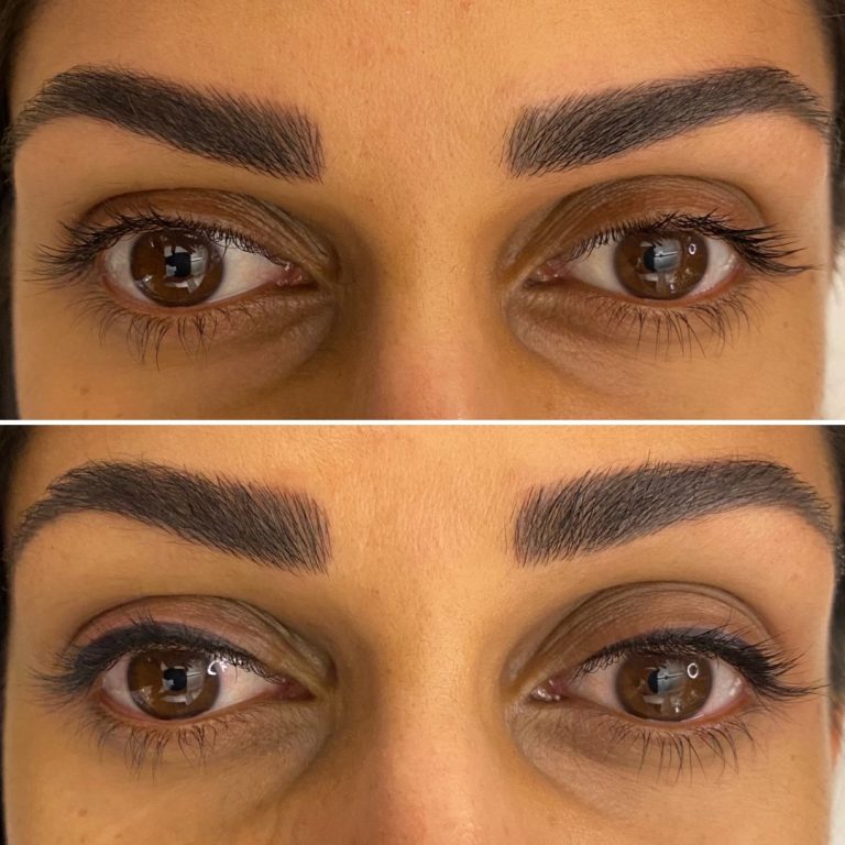 Close-up of a person’s eyes, showing a comparison before (top) and after (bottom) eyelash enhancement or makeup application. Eyebrows and skin are visible in both images.