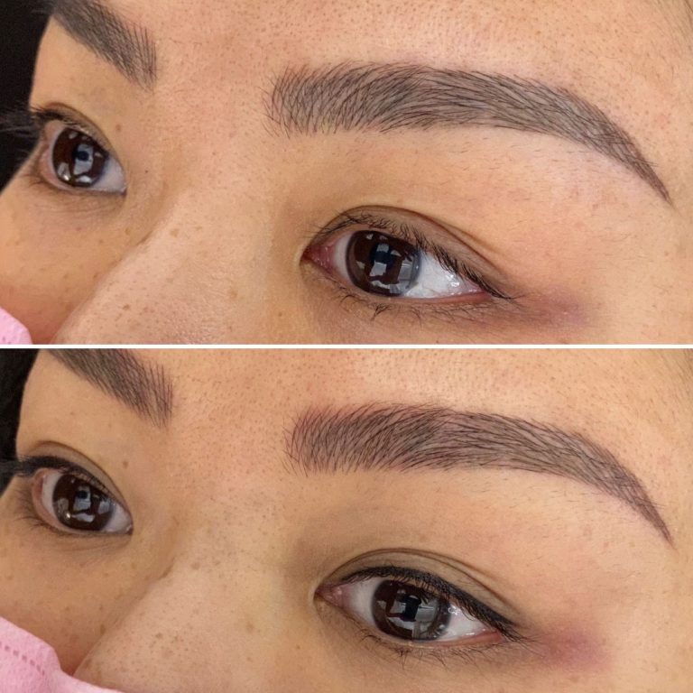 Close-up of a person's eyebrows before (top) and after (bottom) enhancement, showing fuller and more defined brows in the after image.