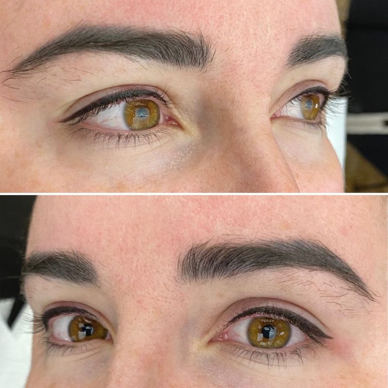 Close-up comparison of a person's eyebrows and eyes before (top) and after (bottom) eyebrow grooming and shaping.