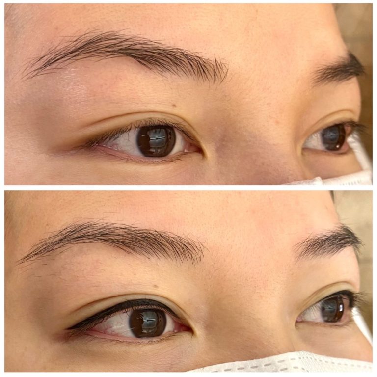 Close-up comparison of eyes before (top) and after (bottom) eyebrow grooming, showing fuller and more defined brows in the after image; person is wearing a white mask.