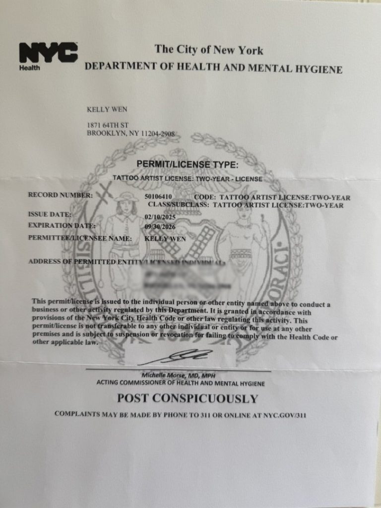 A New York City Department of Health Tattoo Artist two-year license certificate issued to Kelly Wen, featuring the official seal, Beauty Care and After care Tips, and instructions to post conspicuously.