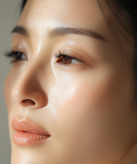Close-up of a woman's face with glowing, dewy skin, natural makeup, and smooth complexion—radiant results inspired by Luxury Beauty Treatments at Evertrue Salon.