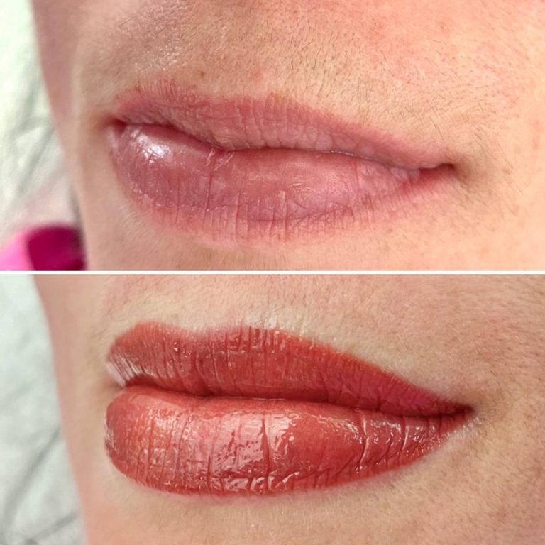 Close-up of lips before and after lip tinting; top shows natural lips, bottom shows lips with a reddish-brown tint and a glossy finish.