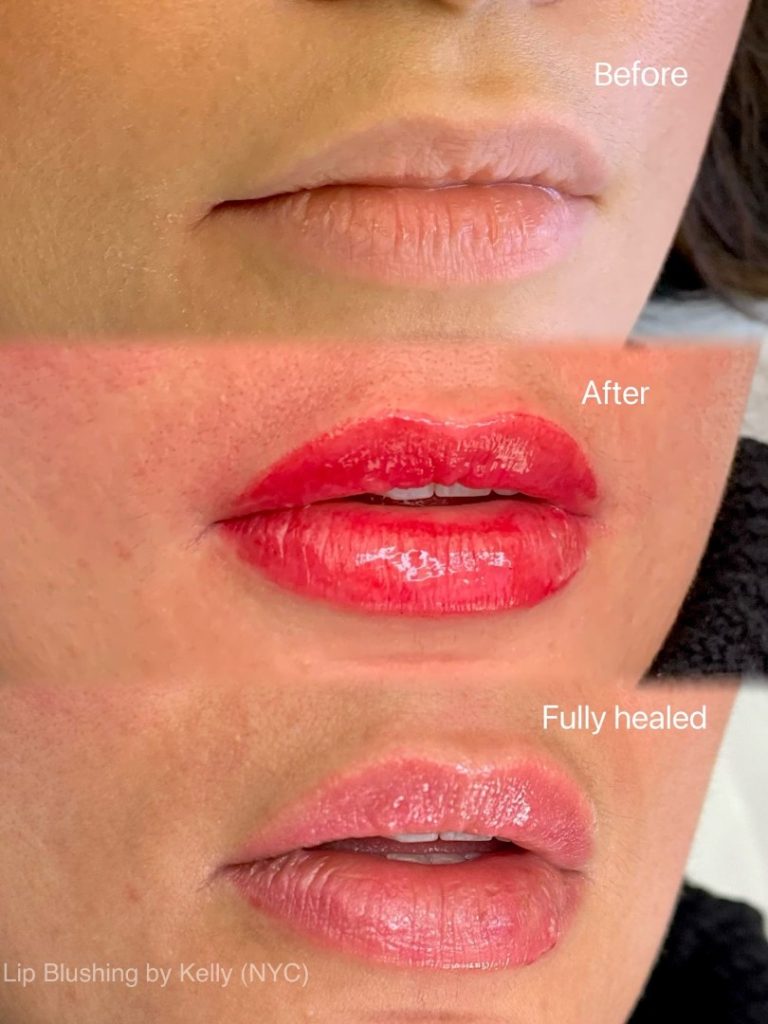 A set of three photos shows lips before, immediately after, and fully healed from a lip blushing procedure, illustrating color and texture changes.