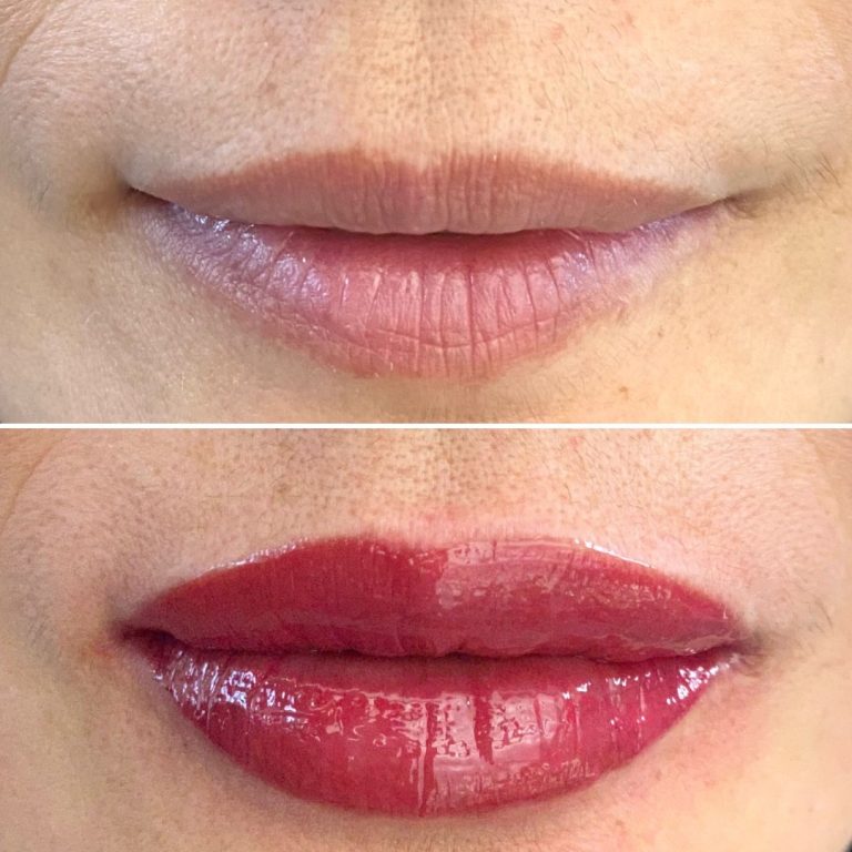 Close-up of lips in two images: the top shows natural, bare lips, while the bottom shows the same lips with glossy dark red lipstick applied.