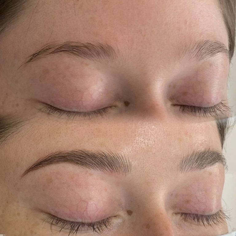 Close-up of closed eyes showing eyebrows before (top) and after (bottom) a grooming or shaping treatment. The bottom brows appear fuller and more defined.