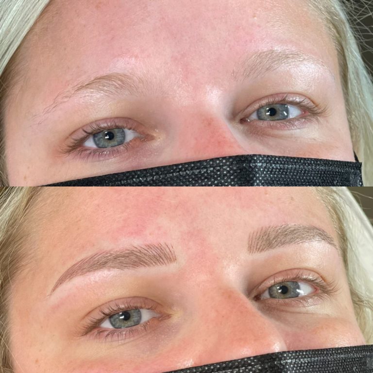 Top: Person with natural, sparse eyebrows. Bottom: Same person with full, defined, and shaped eyebrows, likely after a cosmetic treatment. Both images show the person wearing a black mask.