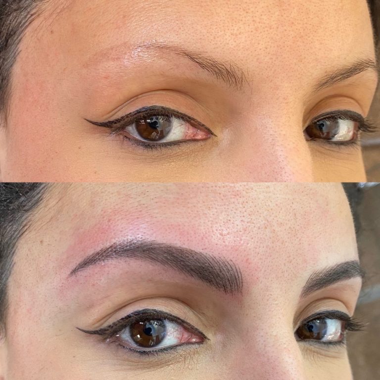 A before-and-after comparison shows eyebrows without makeup on top and with fuller, defined eyebrows after a cosmetic procedure on the bottom.