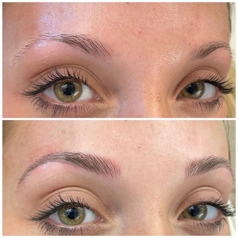 Close-up of a woman's eyes showing her eyebrows before and after shaping; the top image shows sparse brows, the bottom shows fuller, well-defined brows.