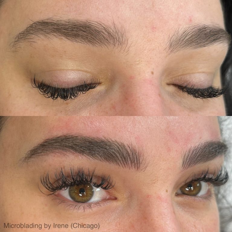 Close-up of a person's eyebrows, showing a before (top) and after (bottom) comparison of microblading, with fuller and more defined brows in the after image.