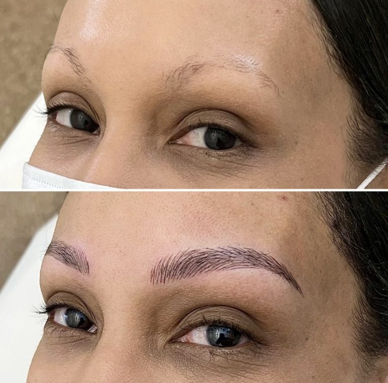 Two close-up images of a person's face: the top shows sparse eyebrows, while the bottom shows newly microbladed, fuller eyebrows.