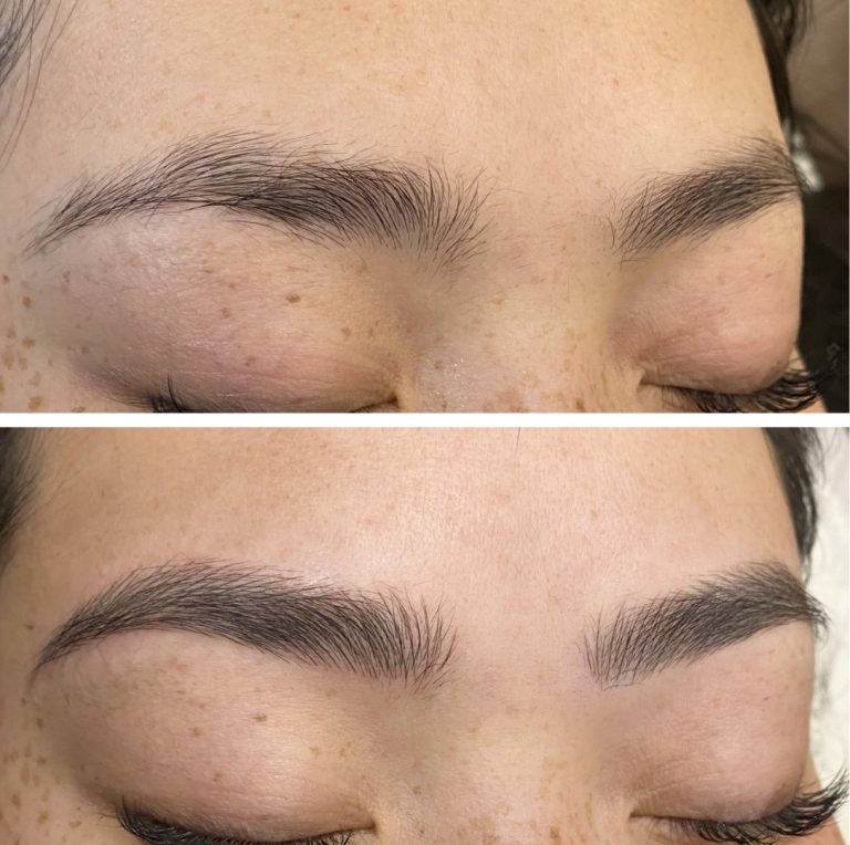 Close-up of a person's eyebrows before and after grooming; the top shows natural, untidy brows, while the bottom shows neatly shaped, fuller brows.
