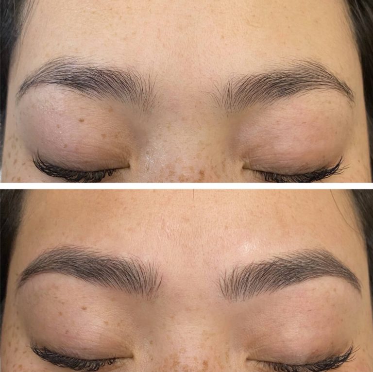 Close-up of a person's eyebrows before (top) and after (bottom) grooming, showing fuller, more defined brows in the after image.