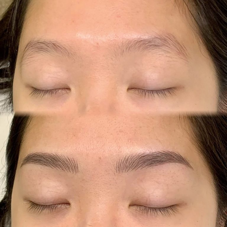 Close-up of a person's closed eyes showing eyebrows before (sparse and light) and after (fuller and darker) an eyebrow enhancement procedure.