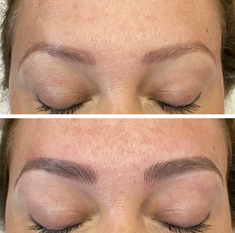 Close-up of a person's eyebrows with eyes closed; top image shows sparse eyebrows, bottom image shows fuller, darker eyebrows after enhancement.