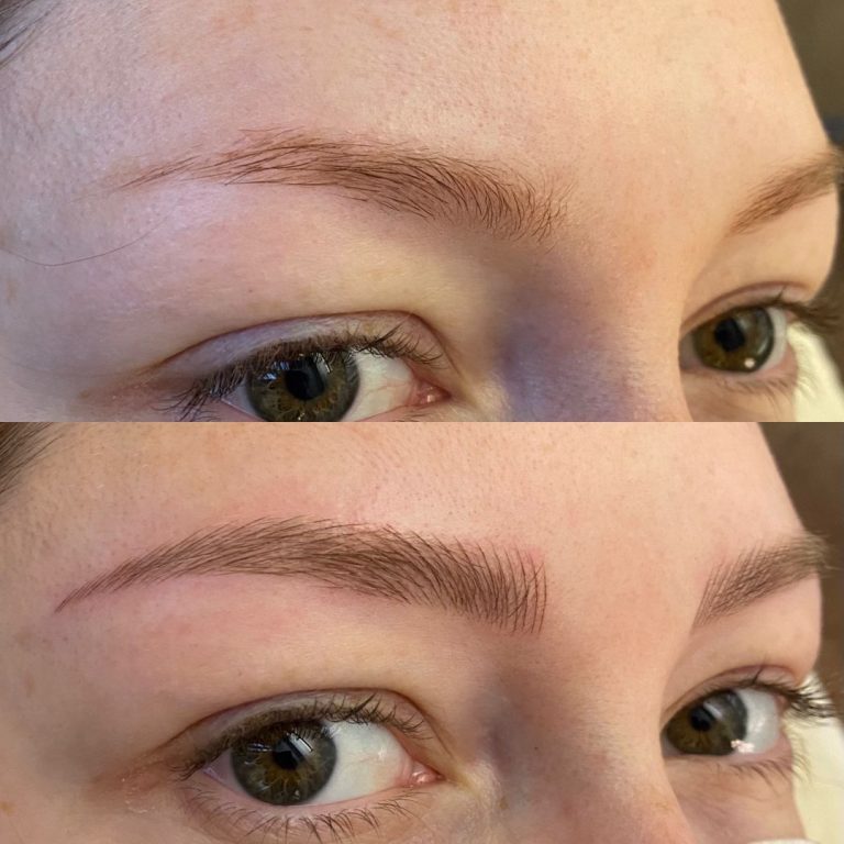 Close-up comparison of an eyebrow before and after enhancement; the top shows a sparse brow, the bottom shows a fuller, well-defined brow.