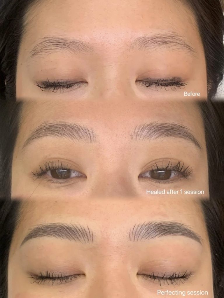 Three close-up images show eyebrows before microblading, after one healing session, and after a perfecting session, with visible improvement in fullness and shape.
