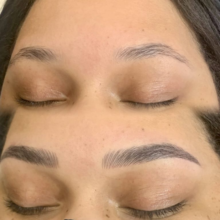 Close-up of a person's closed eyes showing a before-and-after comparison of eyebrows; the top shows natural brows, the bottom shows fuller, defined brows after enhancement.