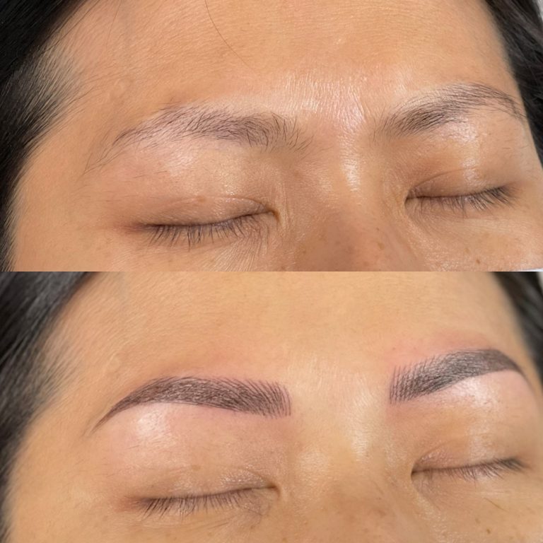 Close-up of closed eyes showing eyebrows before and after microblading; the top image shows sparse brows, the bottom shows fuller, defined brows.