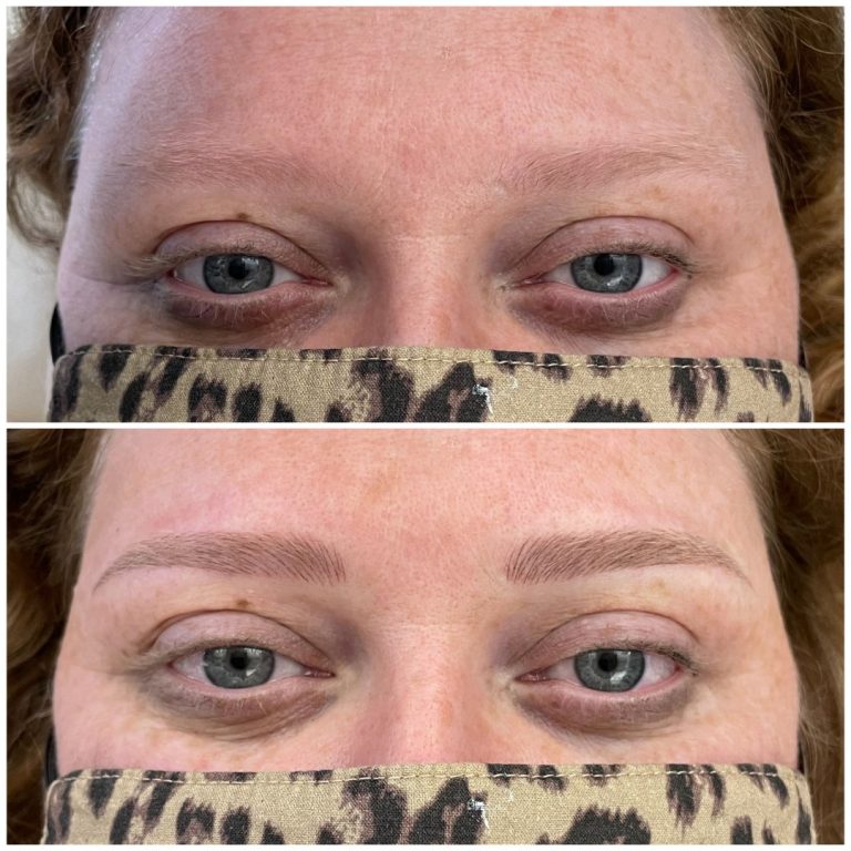 Close-up of a person's eyes before and after eyebrow microblading; the top image shows sparse brows, while the bottom shows fuller, defined brows.