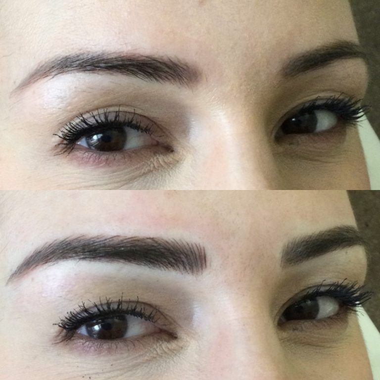Close-up comparison of a person's eyebrows before (top) and after (bottom) eyebrow enhancement, showing fuller, more defined brows in the after image.