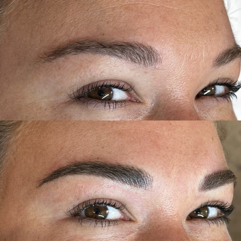 Close-up of a person's eyes and eyebrows; the top image shows natural, sparse eyebrows, while the bottom image shows fuller, well-defined eyebrows after enhancement.