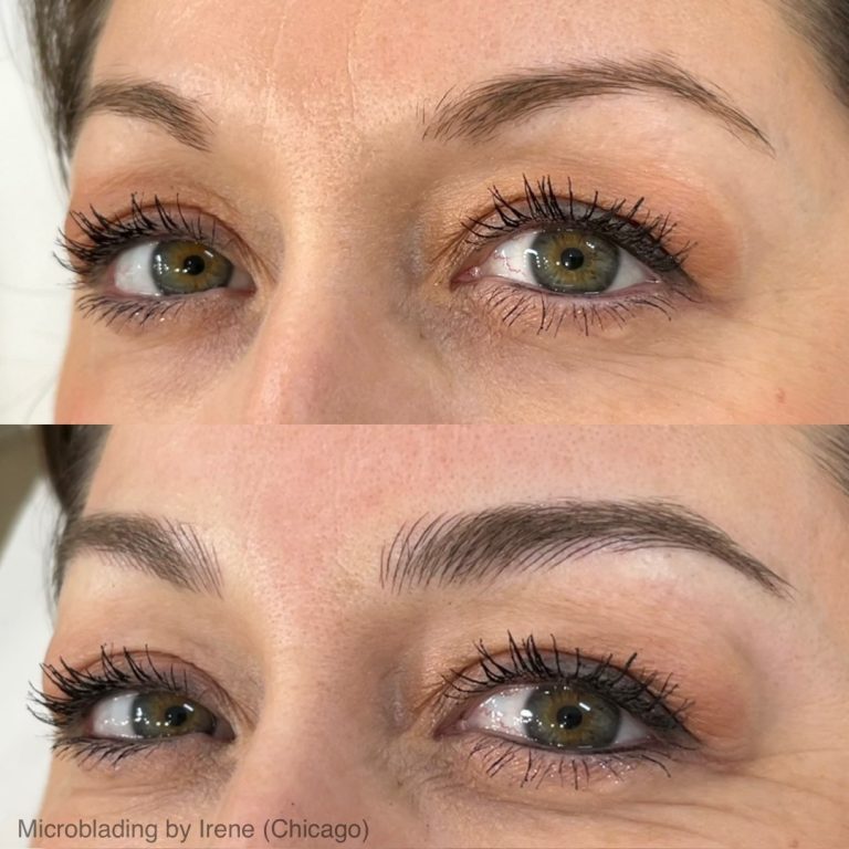 Close-up before and after image showing eyebrows with sparse hair above and fuller, more defined eyebrows below, following a microblading procedure.