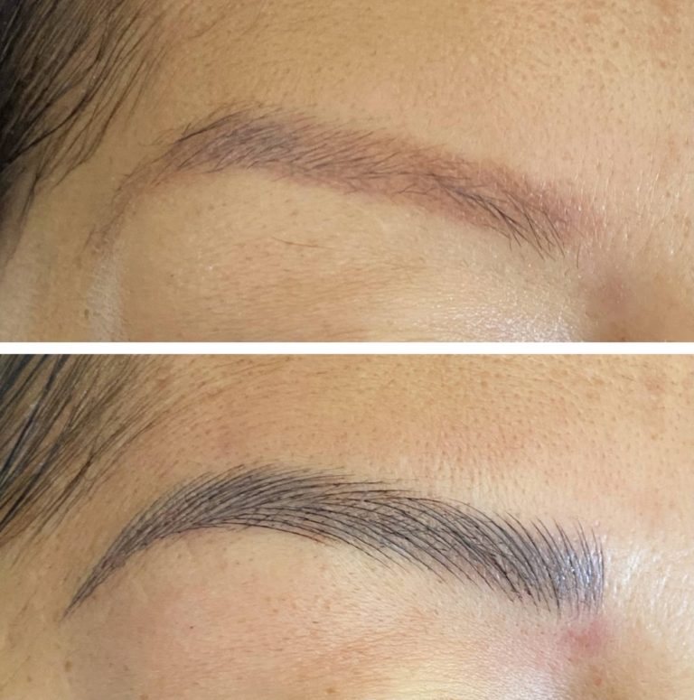 A before and after comparison of an eyebrow, showing a sparse brow on top and a fuller, more defined brow with hair-like strokes on the bottom.