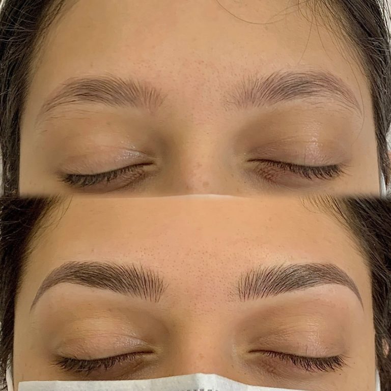 Close-up of a person's closed eyes showing a before and after of eyebrow grooming; the top image shows natural brows, the bottom shows shaped and defined eyebrows.