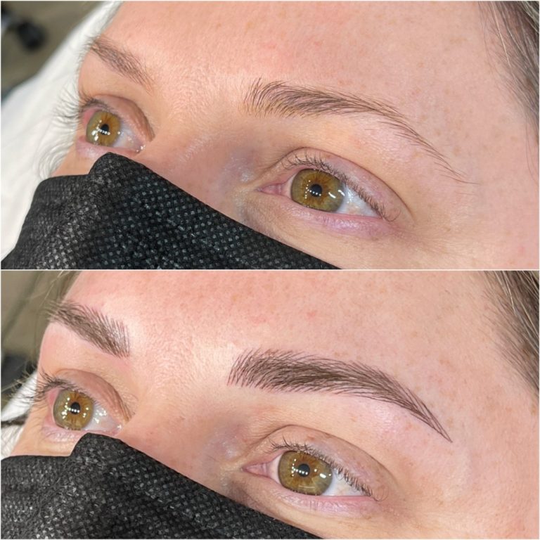 Before and after photos showing eyebrows; the top image has sparse, natural brows, while the bottom shows fuller, shaped, and defined brows after a cosmetic procedure.