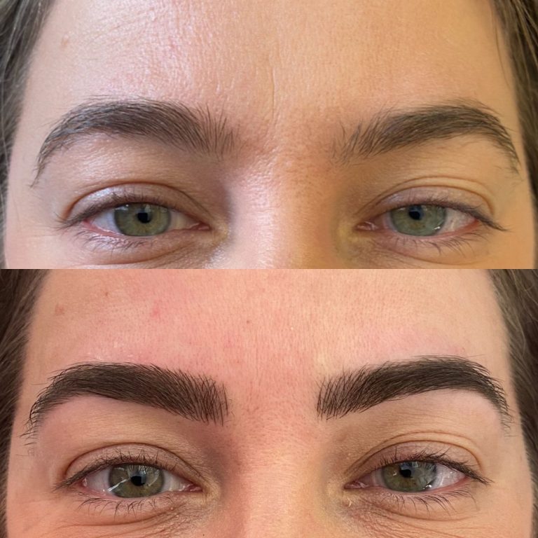 Two close-up images of eyes and eyebrows; the top shows natural, sparse brows, while the bottom shows fuller, darker, and more defined brows after enhancement.
