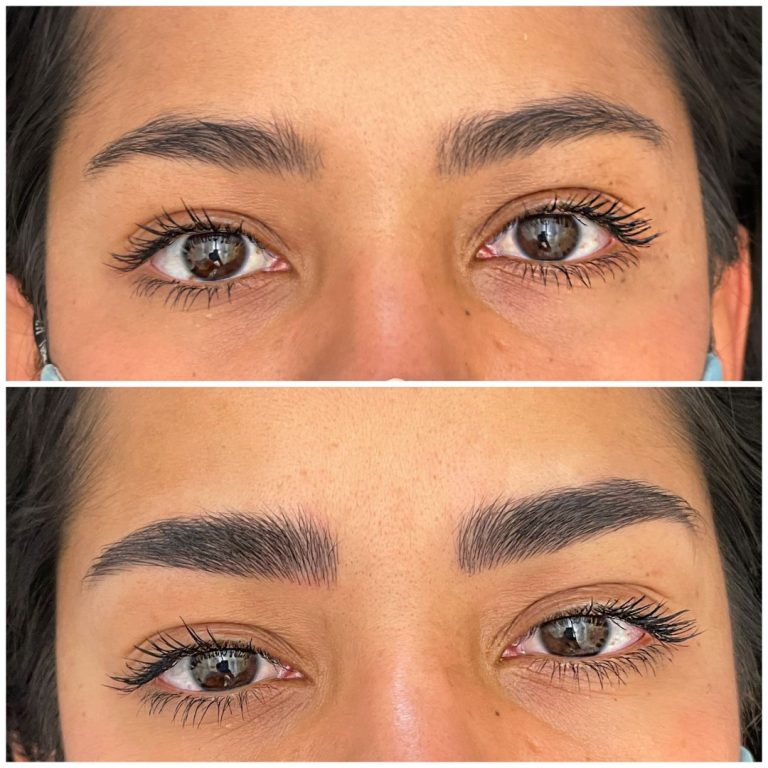 Close-up of a person's eyes with eyebrows; the top image shows natural brows, and the bottom image shows fuller, darker eyebrows after enhancement.