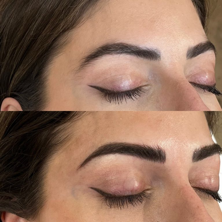 Two close-up shots of a person's closed eyes. The top image shows natural eyebrows, while the bottom image shows fuller, darker eyebrows after enhancement.