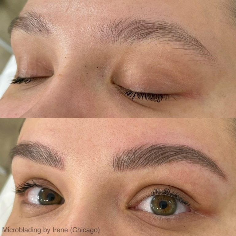 Before and after microblading; top shows sparse natural eyebrows with eyes closed, bottom shows fuller, defined eyebrows with eyes open.