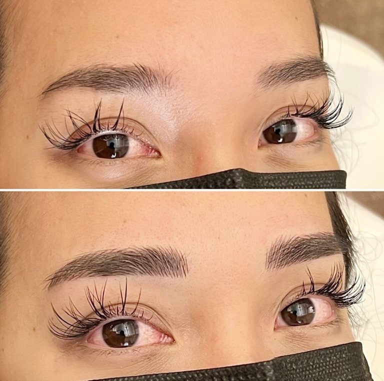 Two close-up images of a person's eyes show a before and after comparison of eyebrow enhancement, with fuller, darker eyebrows in the after image. The person is wearing a black mask.