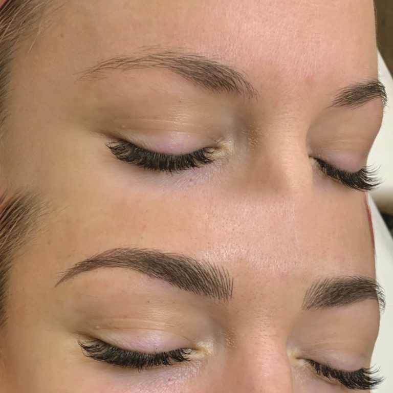 Close-up of a person's face before and after eyebrow enhancement, showing natural eyebrows above and fuller, defined eyebrows below. Eyes are closed in both images.