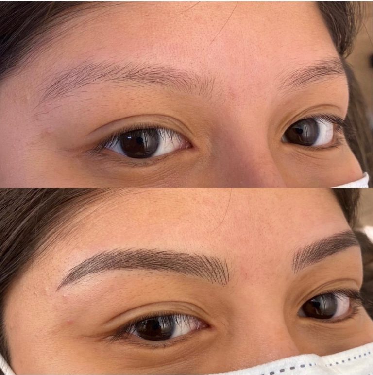 Close-up of a woman's eyes showing a before and after comparison of eyebrow microblading; the top image shows sparse brows, the bottom image shows fuller, defined brows.