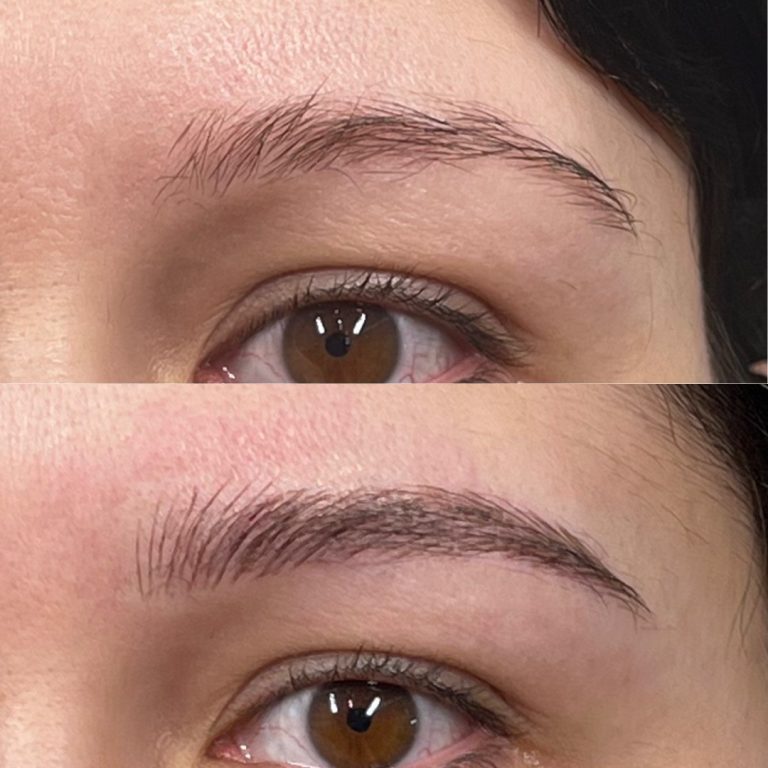 Close-up comparison of an eyebrow before and after grooming or cosmetic enhancement, showing increased fullness and definition in the lower image.