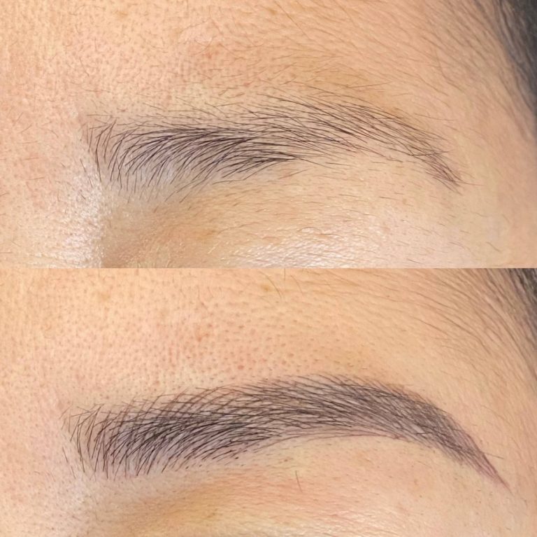 Close-up of an eyebrow before (top) and after (bottom) grooming and filling, showing a transformation from sparse to fuller, well-defined brows.